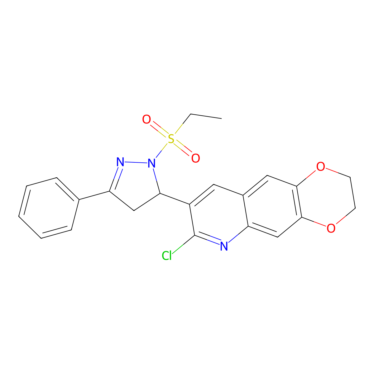 7-Chloro-8-(2-ethylsulfonyl-5-phenyl-3,4-dihydropyrazol-3-yl)-2,3-dihydro-[1,4]dioxino[2,3-g]quinoline molecular structure, CAS 712308-49-1