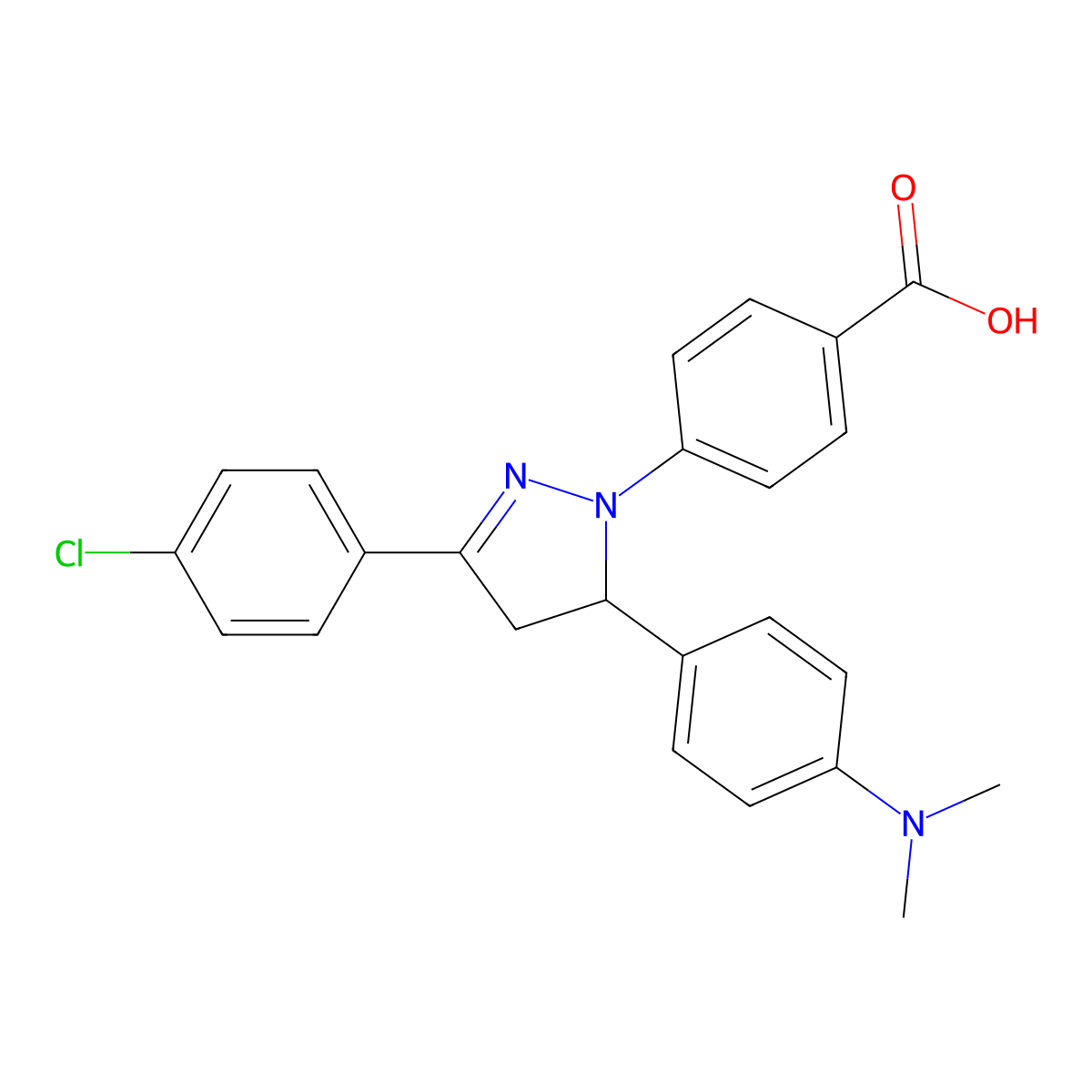 4-(3-(4-chlorophenyl)-5-(4-(dimethylamino)phenyl)-4,5-dihydro-1H-pyrazol-1-yl)benzoic acid molecular structure, CAS 712309-63-2