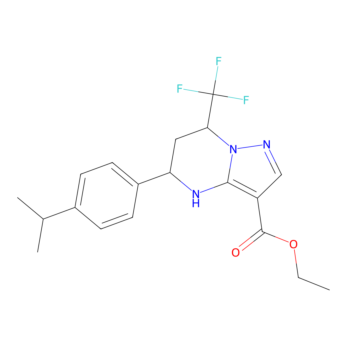 Ethyl 5-(4-isopropylphenyl)-7-(trifluoromethyl)-4,5,6,7-tetrahydropyrazolo[1,5-a]pyrimidine-3-carboxylate molecular structure, CAS 712319-13-6