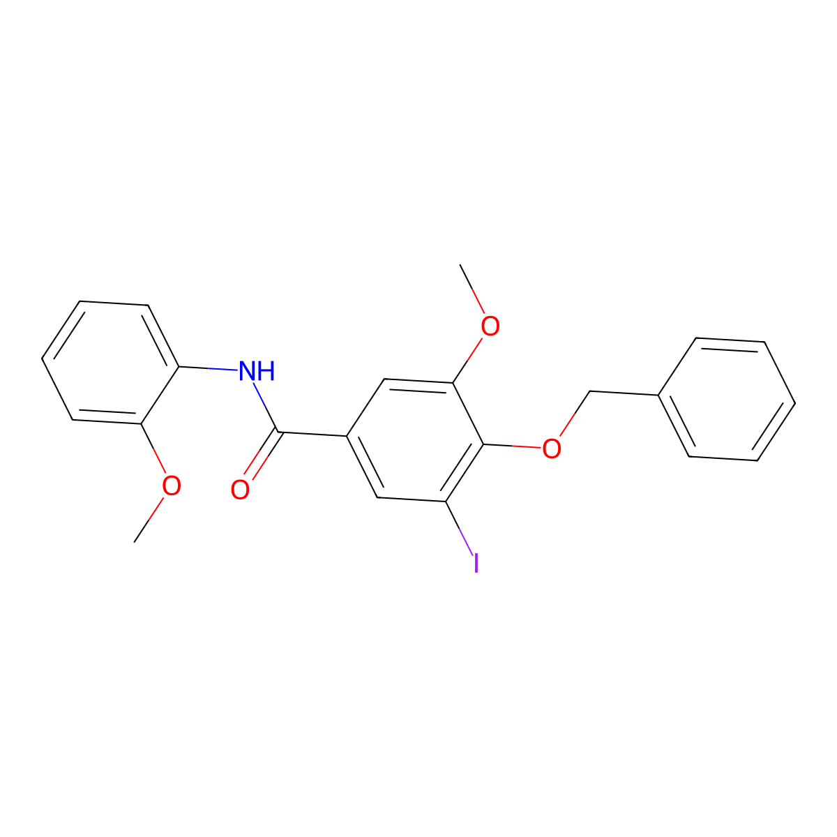 3-iodo-5-methoxy-N-(2-methoxyphenyl)-4-phenylmethoxybenzamide molecular structure, CAS 712319-42-1