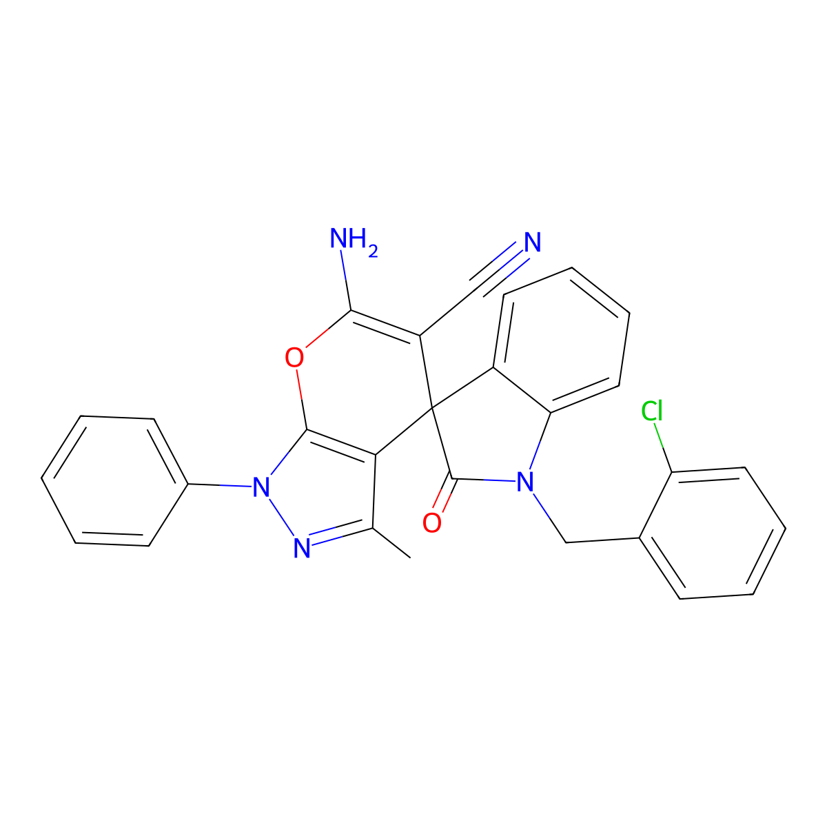 6'-Amino-1-[(2-chlorophenyl)methyl]-3'-methyl-2-oxo-1'-phenylspiro[indole-3,4'-pyrano[2,3-c]pyrazole]-5'-carbonitrile molecular structure, CAS 712335-32-5