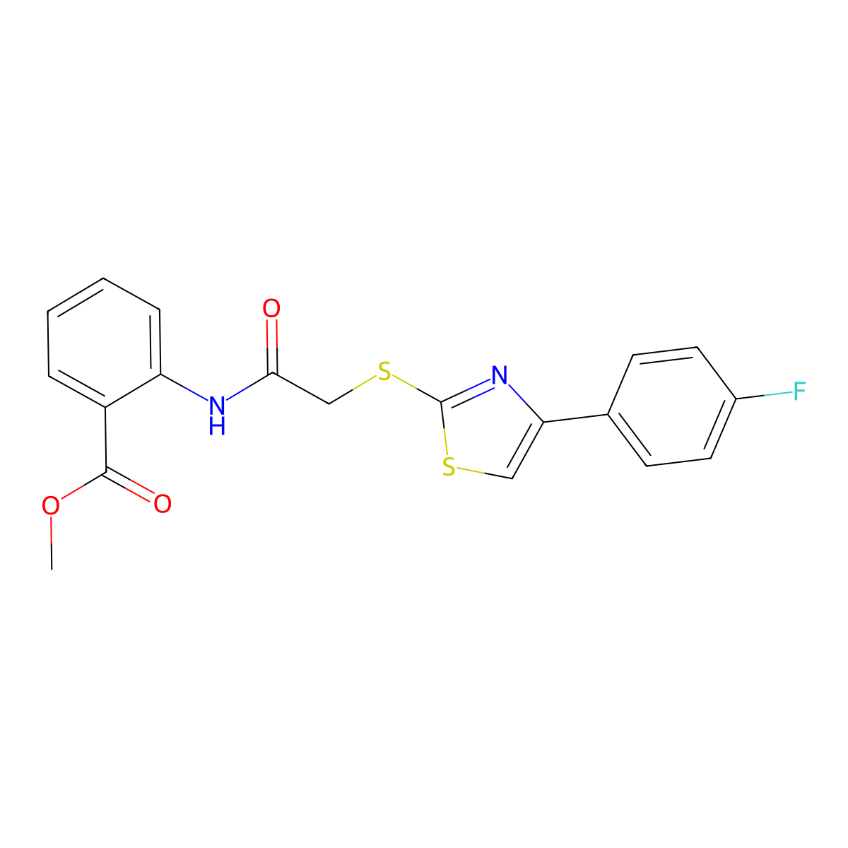 Methyl 2-[({[4-(4-fluorophenyl)-1,3-thiazol-2-yl]sulfanyl}acetyl)amino]benzoate molecular structure, CAS 712341-01-0
