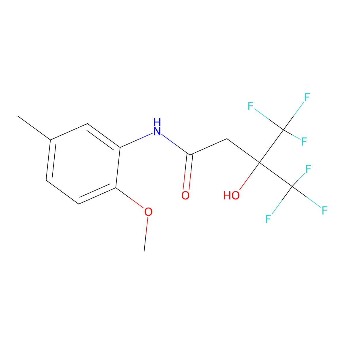 4,4,4-trifluoro-3-hydroxy-N-(2-methoxy-5-methylphenyl)-3-(trifluoromethyl)butanamide molecular structure, CAS 712344-58-6