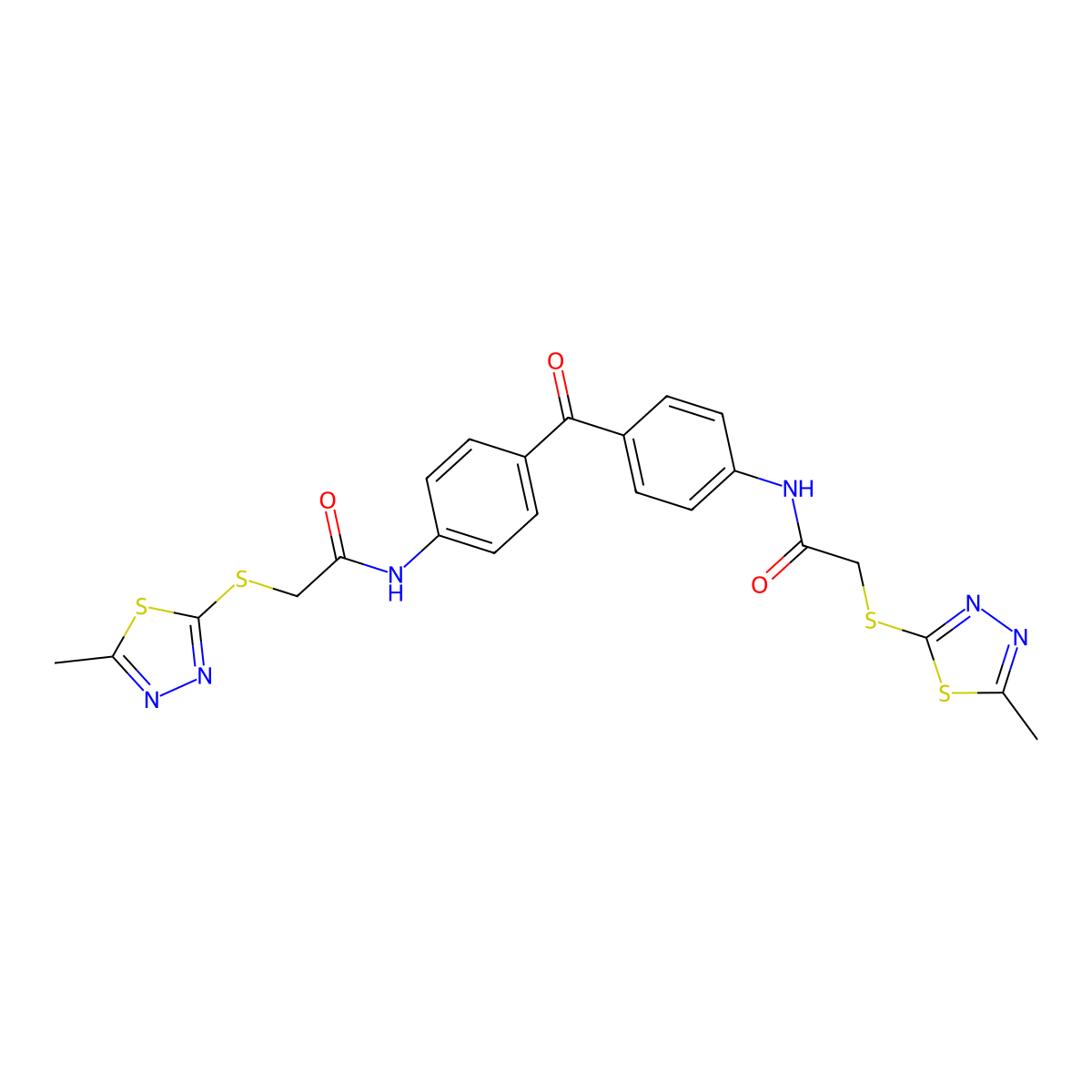 2-[(5-methyl-1,3,4-thiadiazol-2-yl)sulfanyl]-N-[4-[4-[[2-[(5-methyl-1,3,4-thiadiazol-2-yl)sulfanyl]acetyl]amino]benzoyl]phenyl]acetamide molecular structure, CAS 712344-89-3