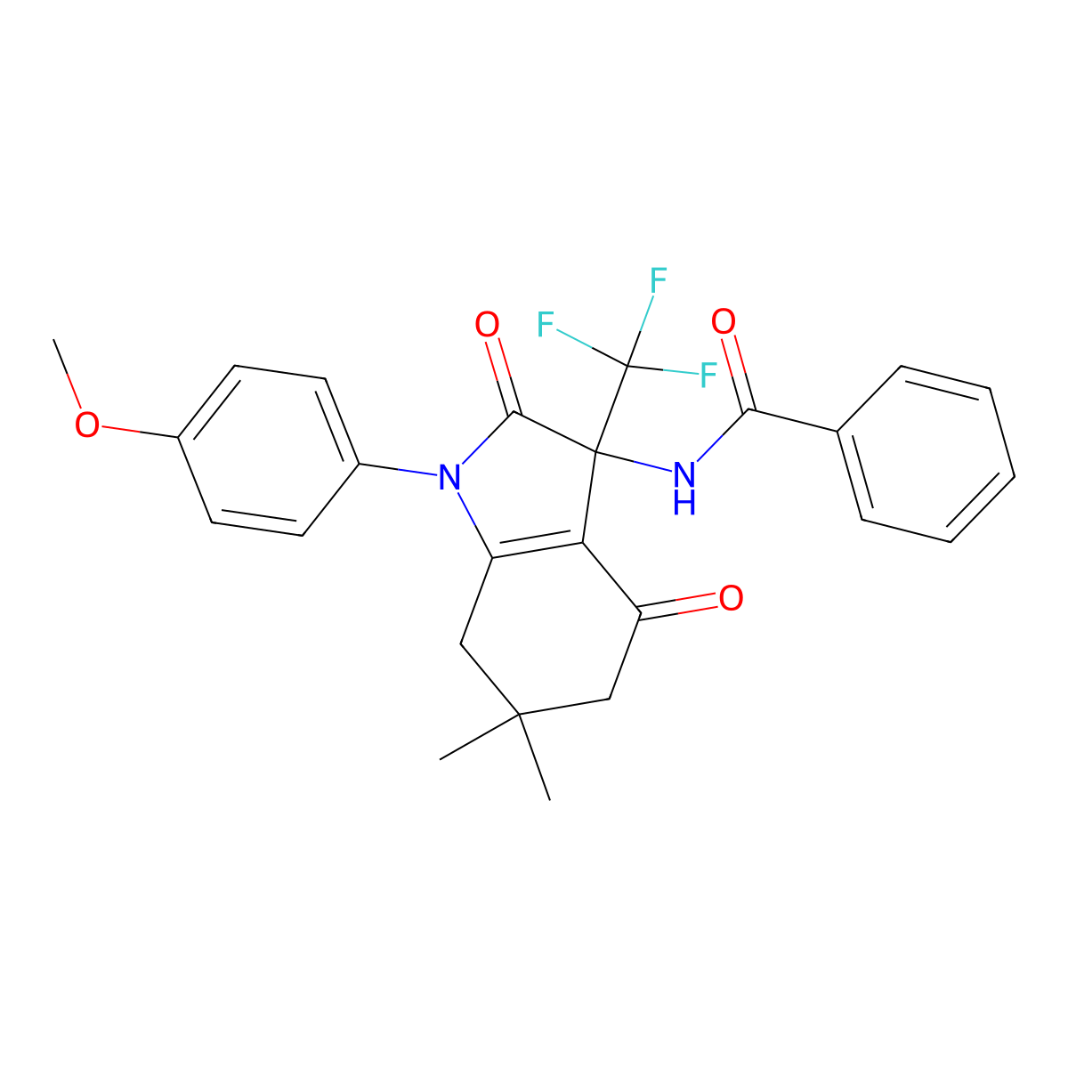 N-[1-(4-methoxyphenyl)-6,6-dimethyl-2,4-dioxo-3-(trifluoromethyl)-5,7-dihydroindol-3-yl]benzamide molecular structure, CAS 712346-04-8