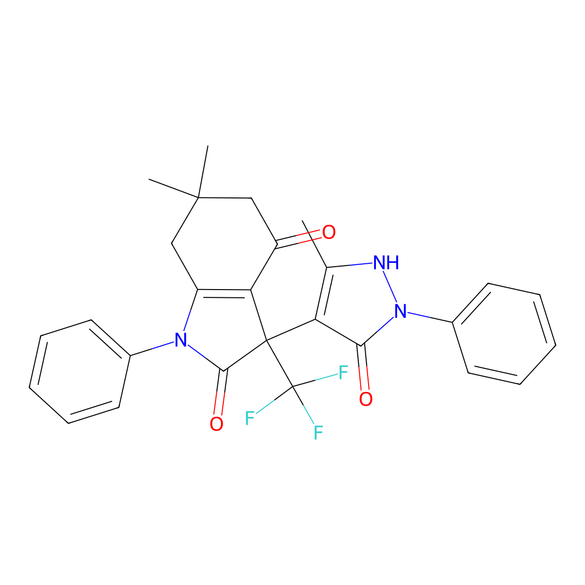 6,6-dimethyl-3-(5-methyl-3-oxo-2-phenyl-2,3-dihydro-1H-pyrazol-4-yl)-1-phenyl-3-(trifluoromethyl)-3,5,6,7-tetrahydro-1H-indole-2,4-dione molecular structure, CAS 712346-06-0