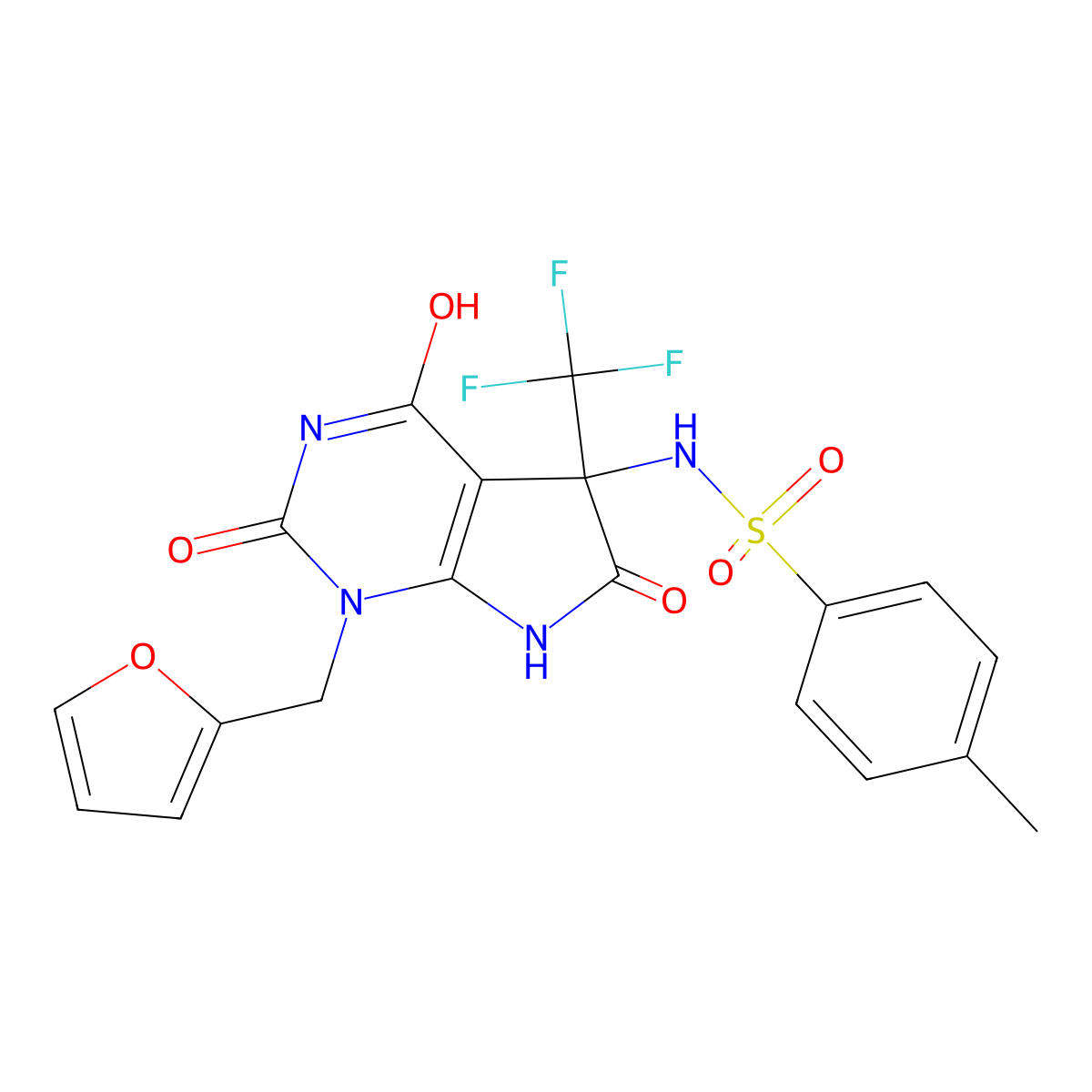 N-[1-(furan-2-ylmethyl)-2,4,6-trioxo-5-(trifluoromethyl)-7H-pyrrolo[2,3-d]pyrimidin-5-yl]-4-methylbenzenesulfonamide molecular structure, CAS 712346-10-6
