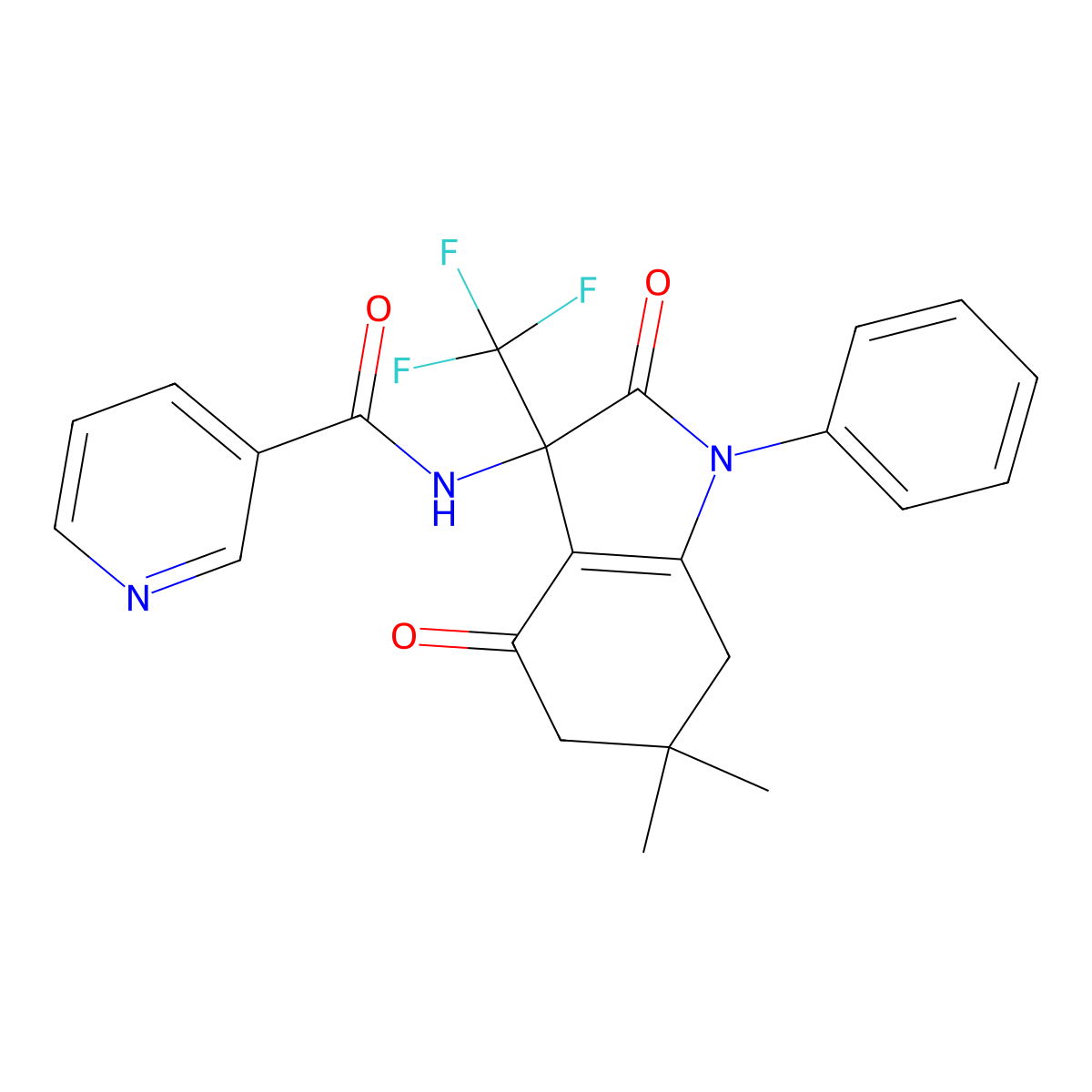 N-[6,6-dimethyl-2,4-dioxo-1-phenyl-3-(trifluoromethyl)-2,3,4,5,6,7-hexahydro-1H-indol-3-yl]pyridine-3-carboxamide molecular structure, CAS 712346-19-5