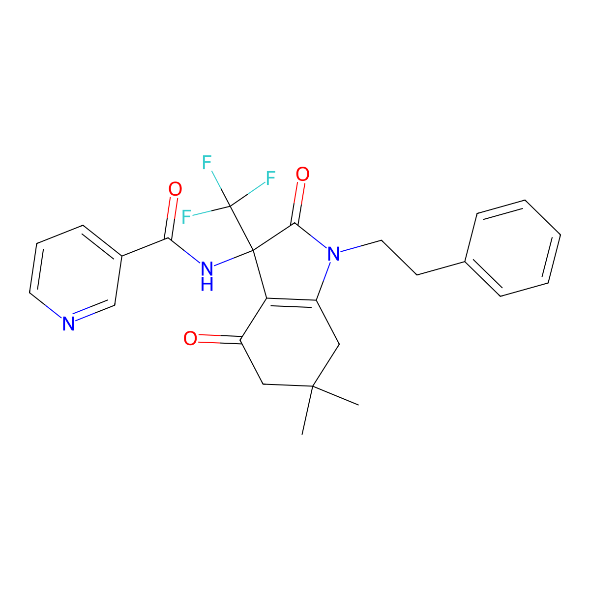 N-[6,6-dimethyl-2,4-dioxo-1-(2-phenylethyl)-3-(trifluoromethyl)-2,3,4,5,6,7-hexahydro-1H-indol-3-yl]pyridine-3-carboxamide molecular structure, CAS 712346-20-8