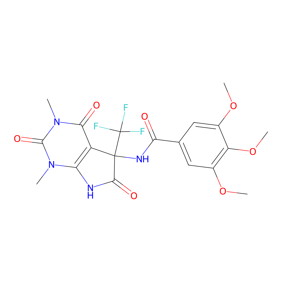 N-[1,3-dimethyl-2,4,6-trioxo-5-(trifluoromethyl)-7H-pyrrolo[2,3-d]pyrimidin-5-yl]-3,4,5-trimethoxybenzamide molecular structure, CAS 712346-22-0