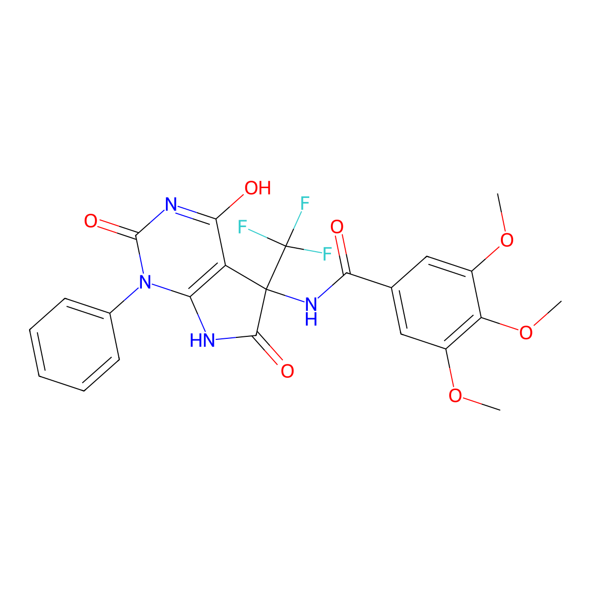 3,4,5-trimethoxy-N-[2,4,6-trioxo-1-phenyl-5-(trifluoromethyl)-7H-pyrrolo[2,3-d]pyrimidin-5-yl]benzamide molecular structure, CAS 712346-29-7
