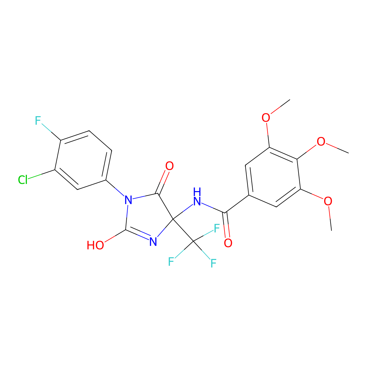 N-(1-(3-chloro-4-fluorophenyl)-2,5-dioxo-4-(trifluoromethyl)imidazolidin-4-yl)-3,4,5-trimethoxybenzamide molecular structure, CAS 712346-30-0