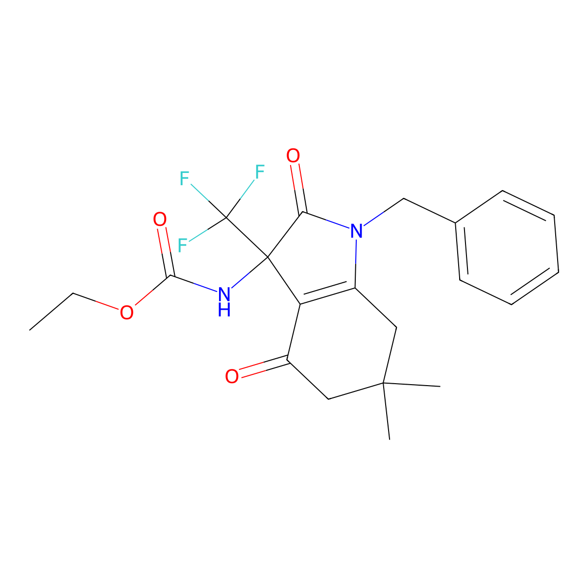 ethyl [1-benzyl-6,6-dimethyl-2,4-dioxo-3-(trifluoromethyl)-2,3,4,5,6,7-hexahydro-1H-indol-3-yl]carbamate molecular structure, CAS 712346-33-3