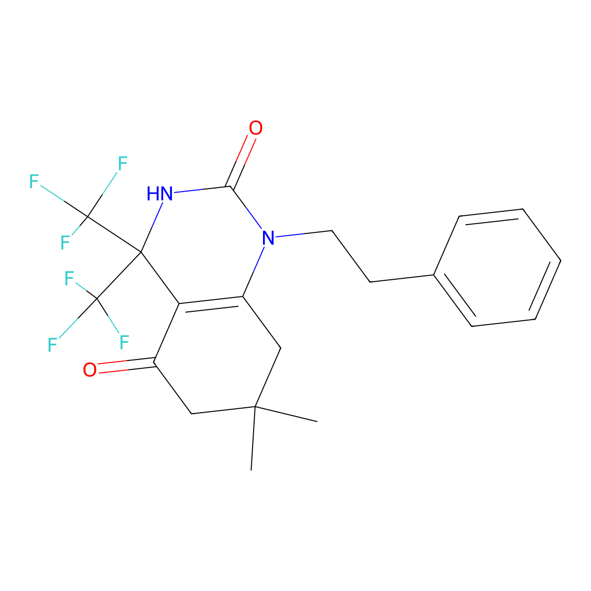 2-hydroxy-7,7-dimethyl-1-(2-phenylethyl)-4,4-bis(trifluoromethyl)-4,6,7,8-tetrahydroquinazolin-5(1H)-one molecular structure, CAS 712346-60-6