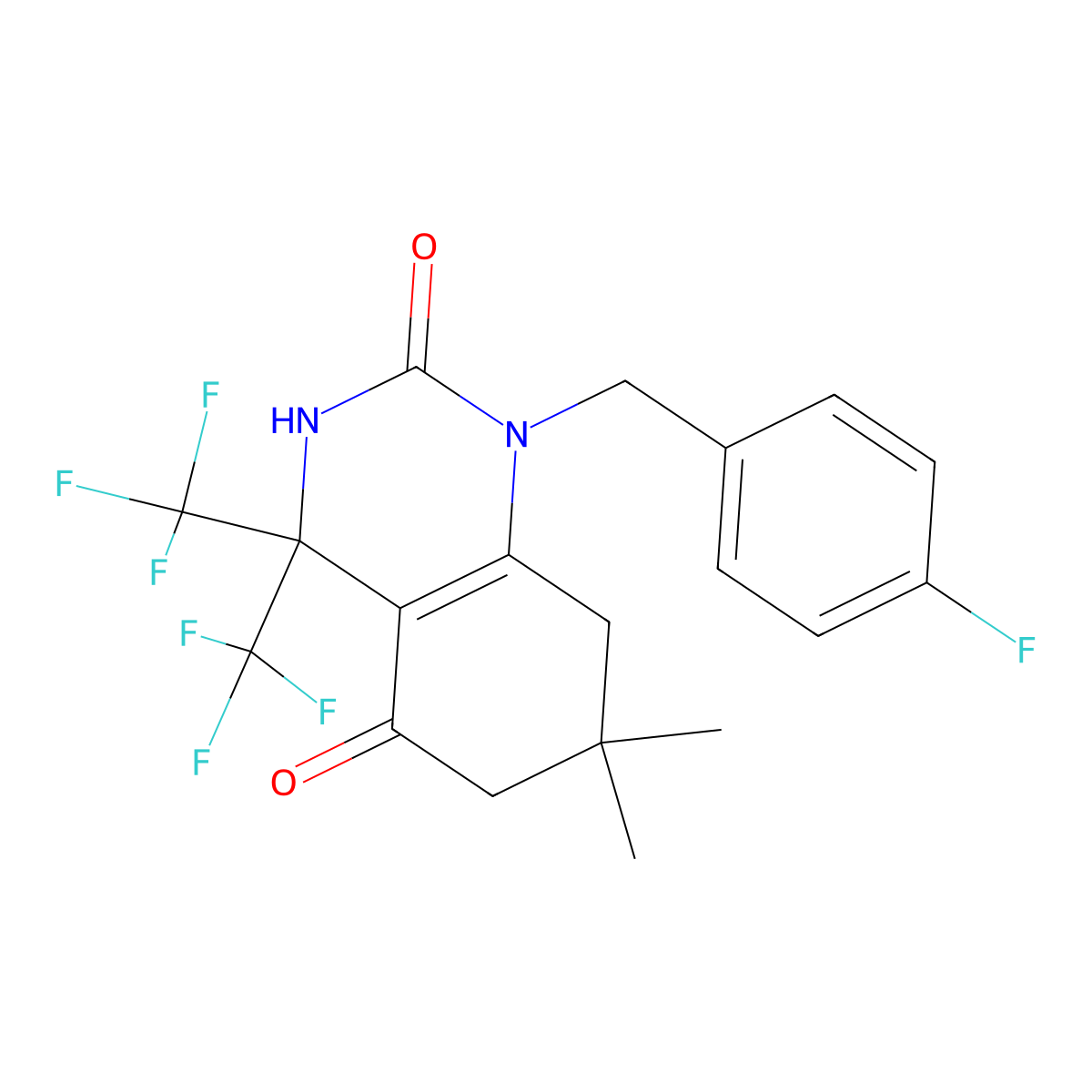 1-[(4-fluorophenyl)methyl]-7,7-dimethyl-4,4-bis(trifluoromethyl)-6,8-dihydro-3H-quinazoline-2,5-dione molecular structure, CAS 712346-61-7