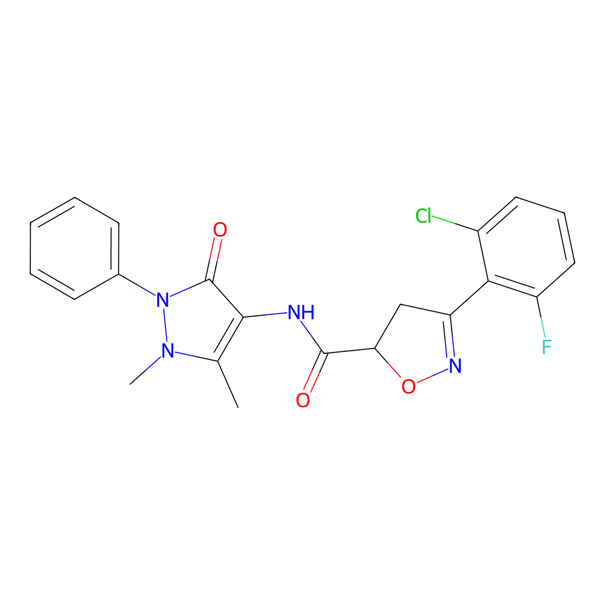 3-(2-chloro-6-fluorophenyl)-N-(1,5-dimethyl-3-oxo-2-phenyl-2,3-dihydro-1H-pyrazol-4-yl)-4,5-dihydro-5-isoxazolecarboxamide molecular structure, CAS 712347-03-0