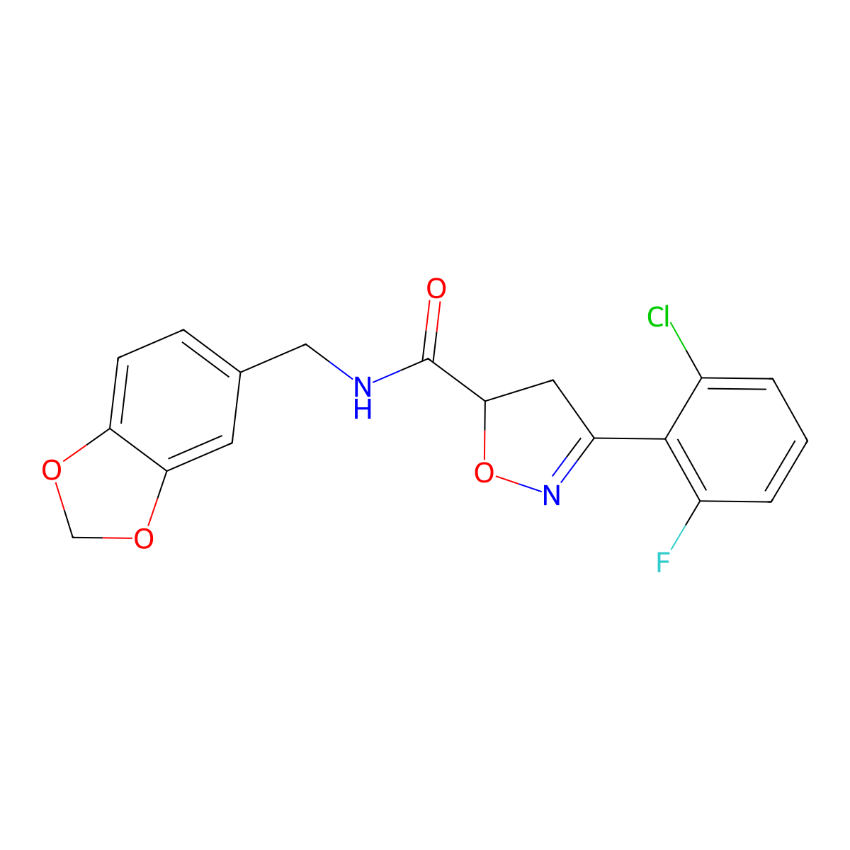 N-(1,3-benzodioxol-5-ylmethyl)-3-(2-chloro-6-fluorophenyl)-4,5-dihydro-1,2-oxazole-5-carboxamide molecular structure, CAS 712347-09-6