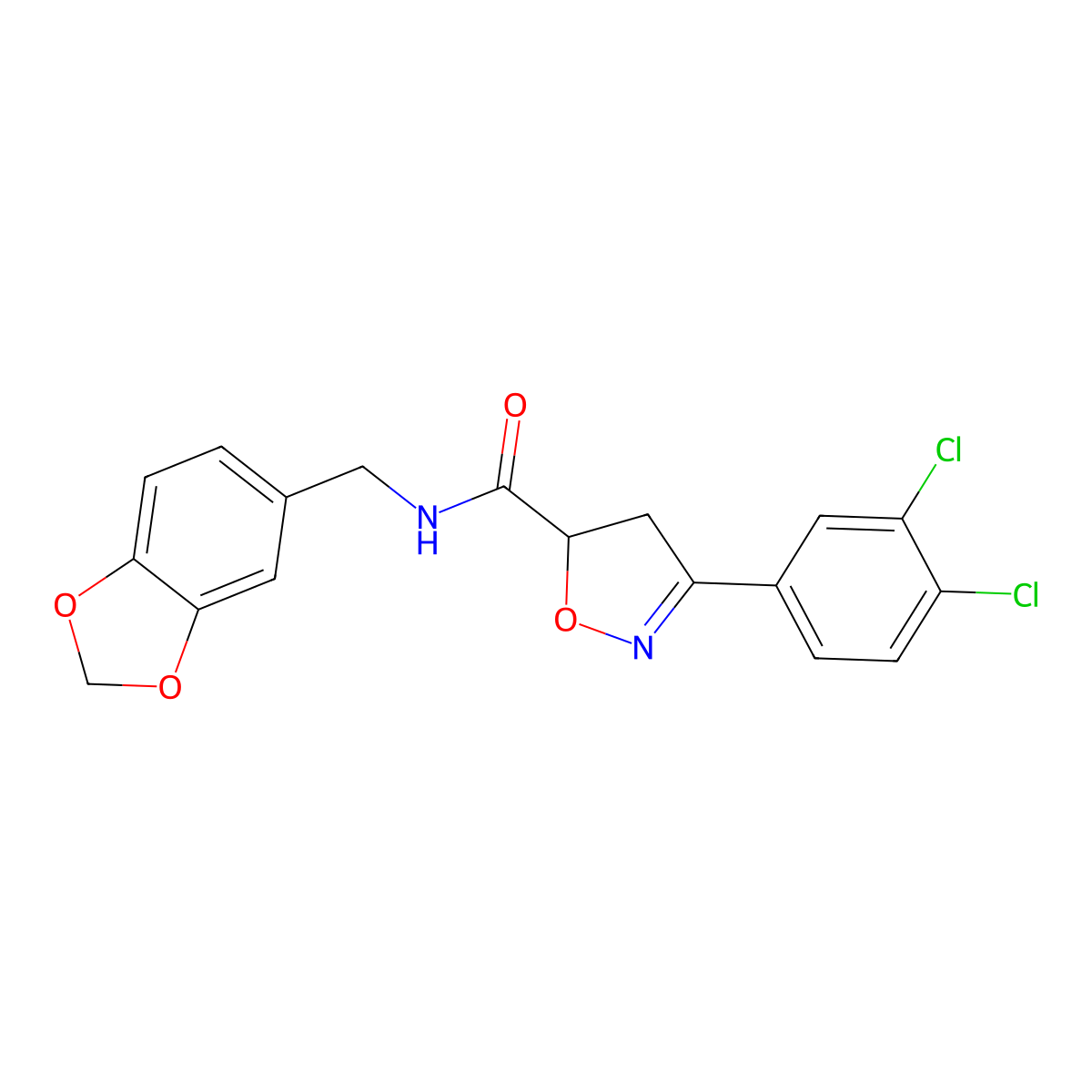 N-(1,3-benzodioxol-5-ylmethyl)-3-(3,4-dichlorophenyl)-4,5-dihydro-1,2-oxazole-5-carboxamide molecular structure, CAS 712347-30-3