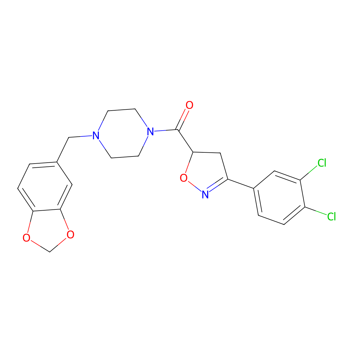 [4-(1,3-Benzodioxol-5-ylmethyl)piperazin-1-yl]-[3-(3,4-dichlorophenyl)-4,5-dihydro-1,2-oxazol-5-yl]methanone molecular structure, CAS 712347-32-5