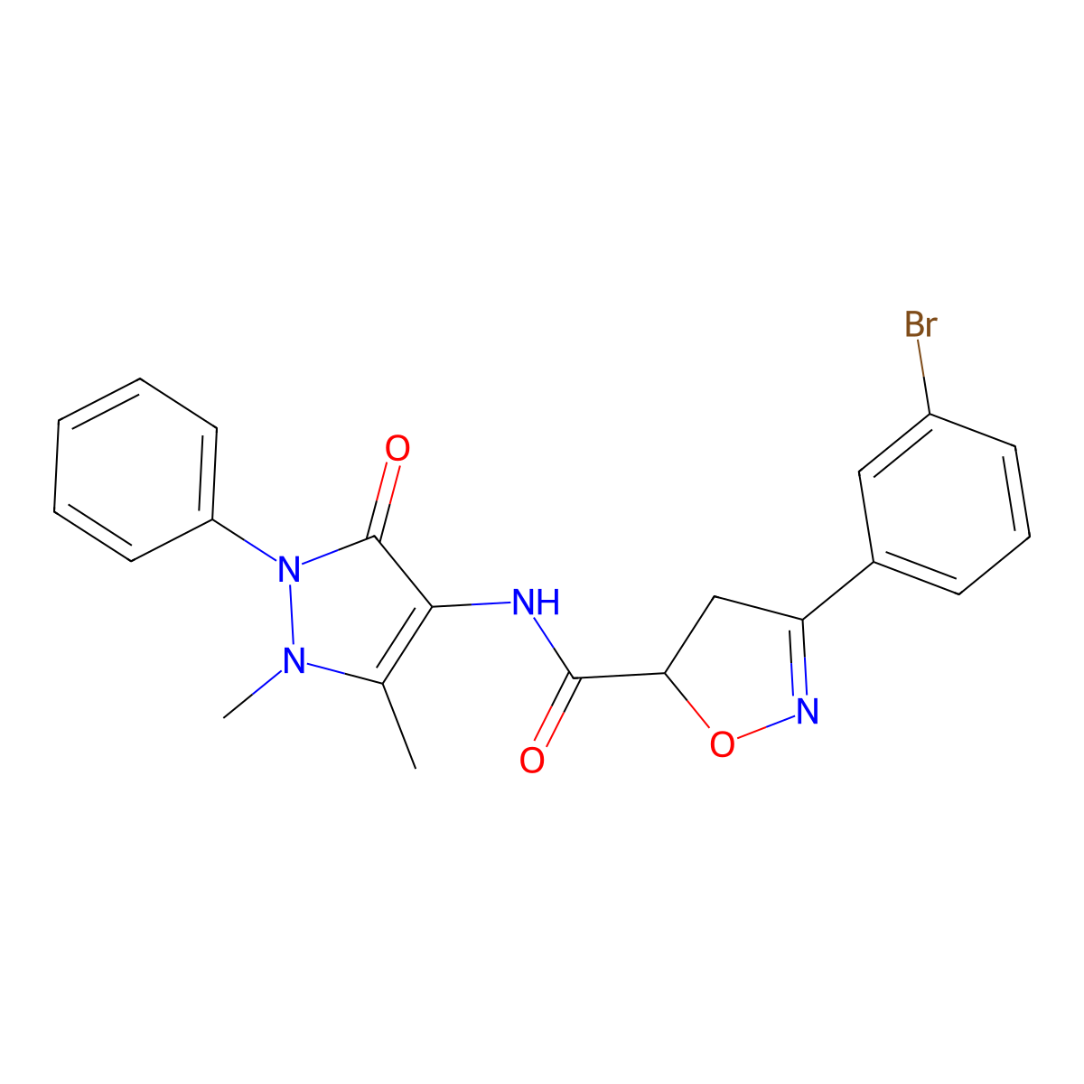3-(3-bromophenyl)-N-(1,5-dimethyl-3-oxo-2-phenyl-2,3-dihydro-1H-pyrazol-4-yl)-4,5-dihydro-5-isoxazolecarboxamide molecular structure, CAS 712347-40-5