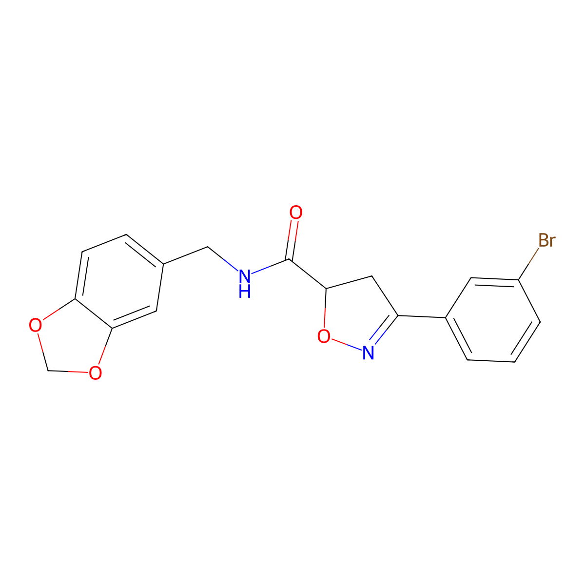 N-(1,3-benzodioxol-5-ylmethyl)-3-(3-bromophenyl)-4,5-dihydro-1,2-oxazole-5-carboxamide molecular structure, CAS 712347-55-2