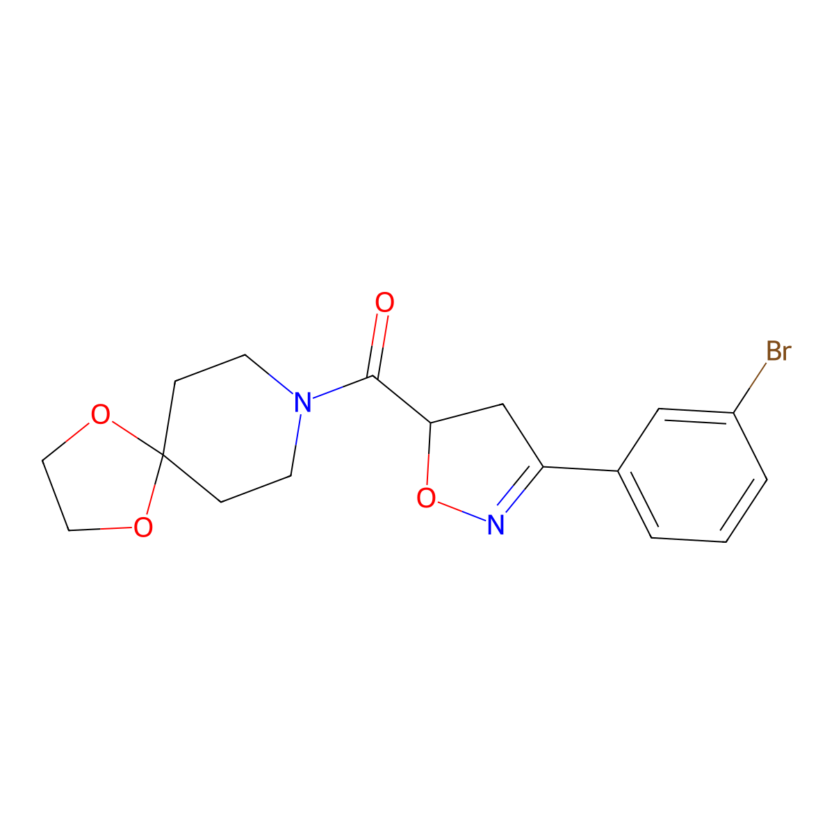 8-{[3-(3-Bromophenyl)-4,5-dihydro-5-isoxazolyl]carbonyl}-1,4-dioxa-8-azaspiro[4.5]decane molecular structure, CAS 712347-56-3