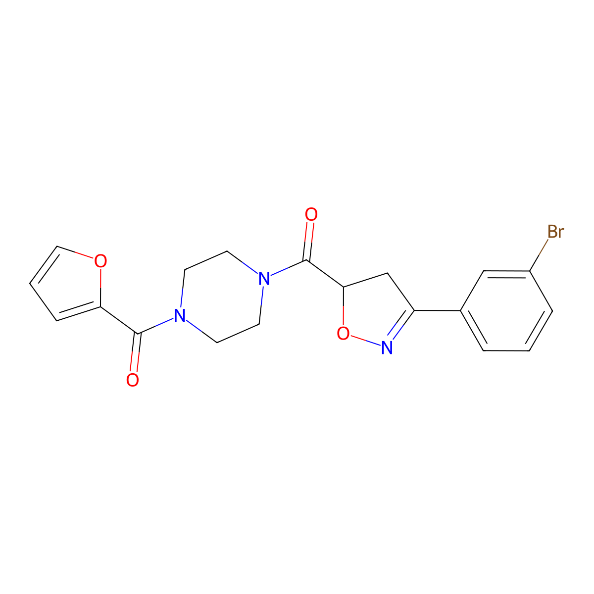 [3-(3-Bromophenyl)-4,5-dihydro-1,2-oxazol-5-yl]-[4-(furan-2-carbonyl)piperazin-1-yl]methanone molecular structure, CAS 712347-57-4