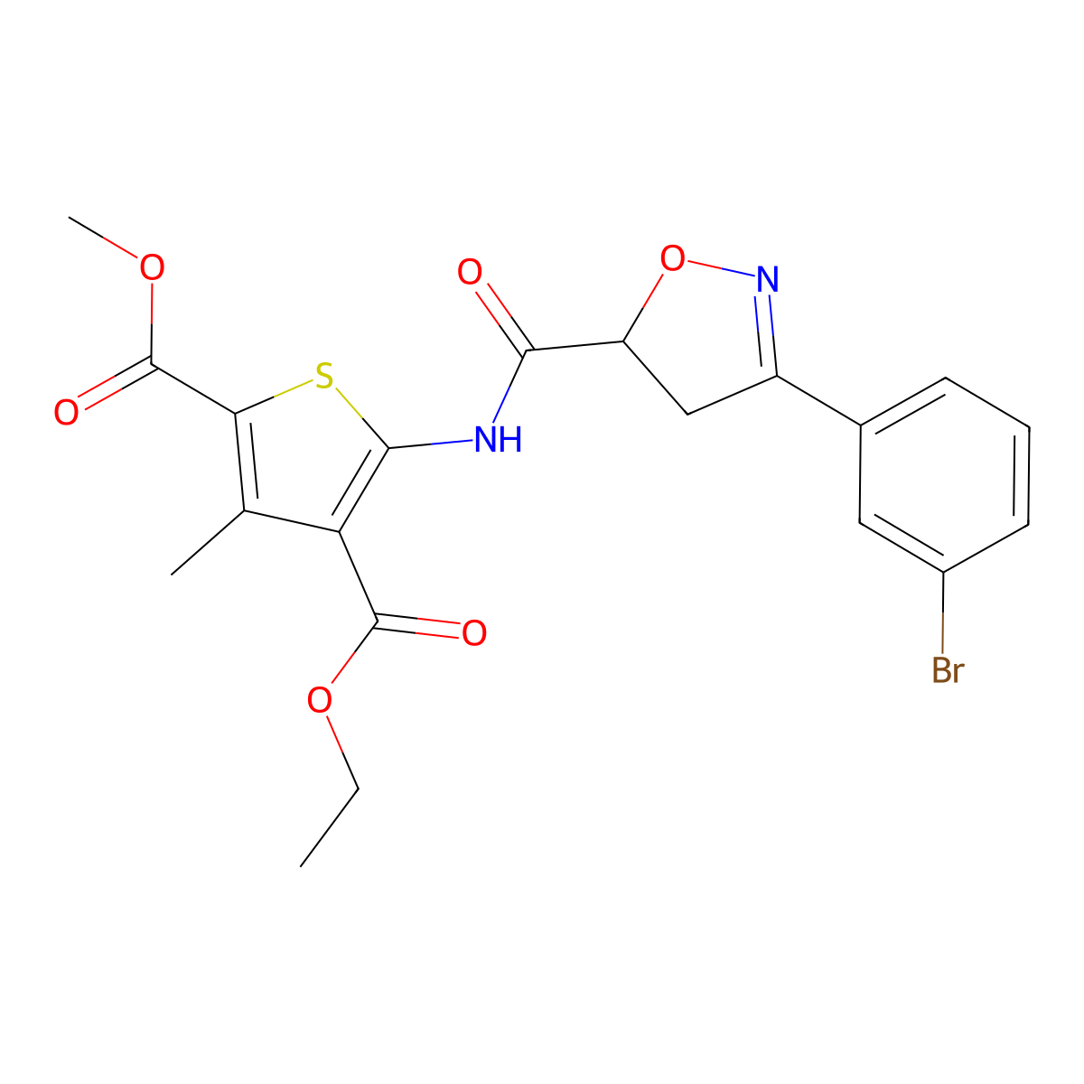4-Ethyl 2-methyl 5-({[3-(3-bromophenyl)-4,5-dihydro-5-isoxazolyl]carbonyl}amino)-3-methyl-2,4-thiophenedicarboxylate molecular structure, CAS 712347-60-9