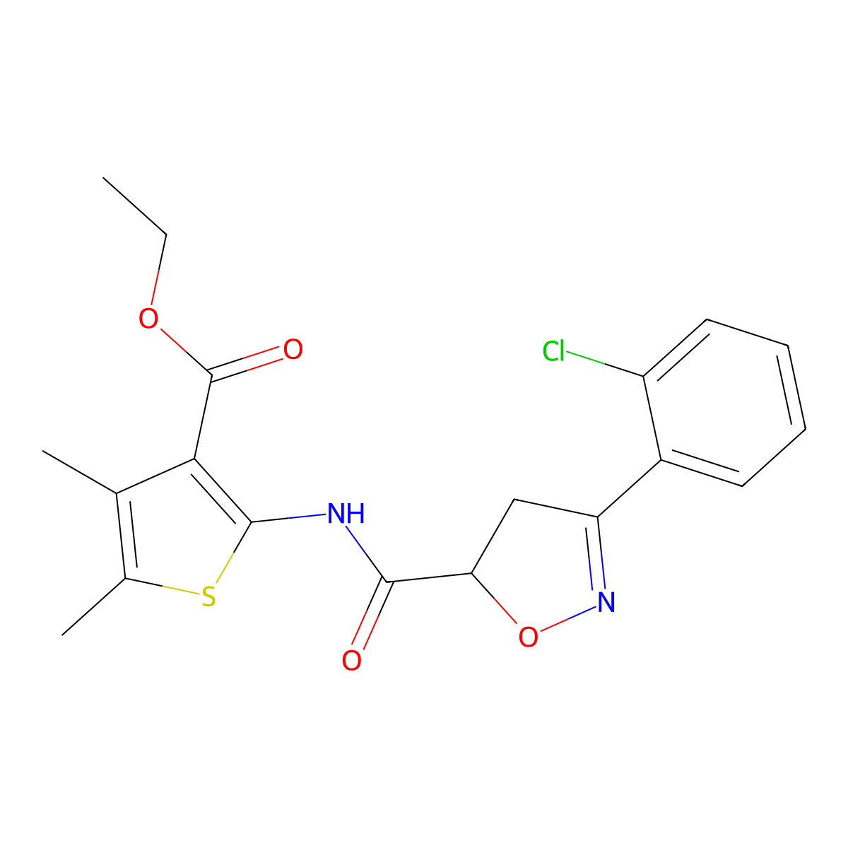 Ethyl 2-({[3-(2-chlorophenyl)-4,5-dihydro-5-isoxazolyl]carbonyl}amino)-4,5-dimethyl-3-thiophenecarboxylate molecular structure, CAS 712347-66-5