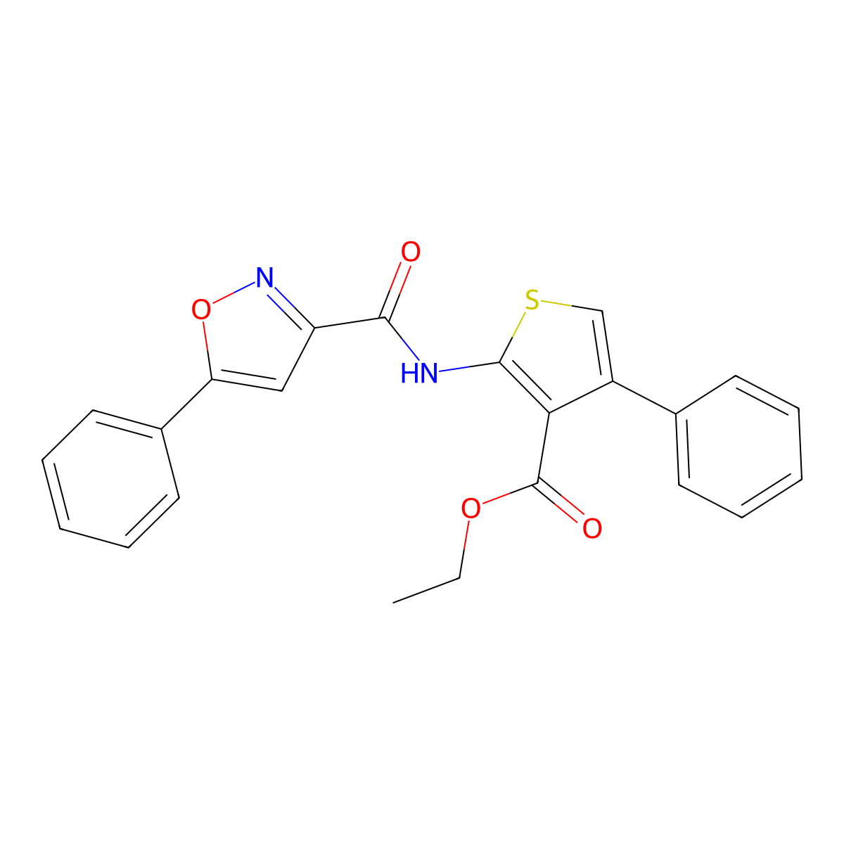 Ethyl 4-phenyl-2-{[(5-phenyl-3-isoxazolyl)carbonyl]amino}-3-thiophenecarboxylate molecular structure, CAS 712348-26-0