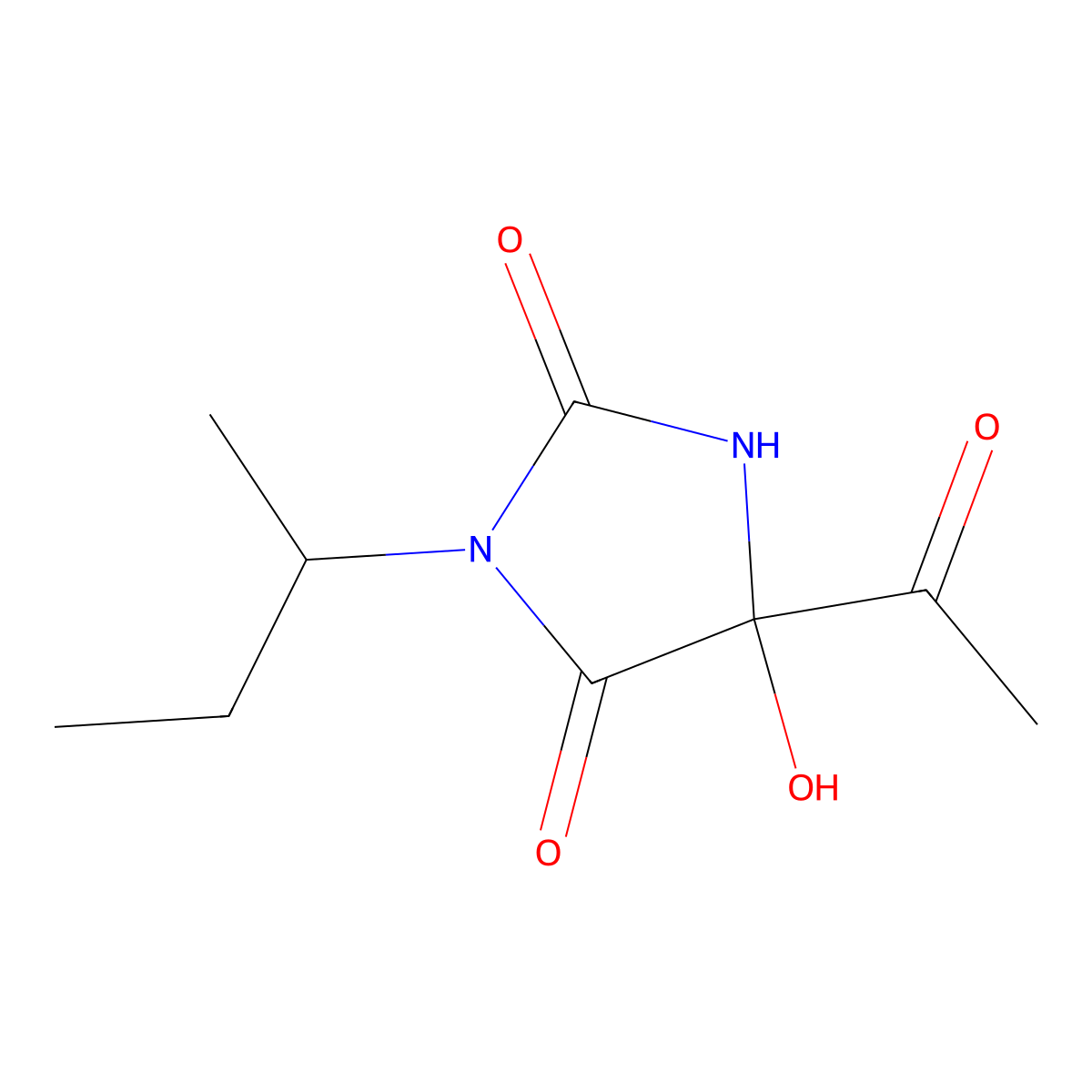 2,4-Imidazolidinedione, 5-acetyl-5-hydroxy-3-(1-methylpropyl)- molecular structure, CAS 71239-22-0