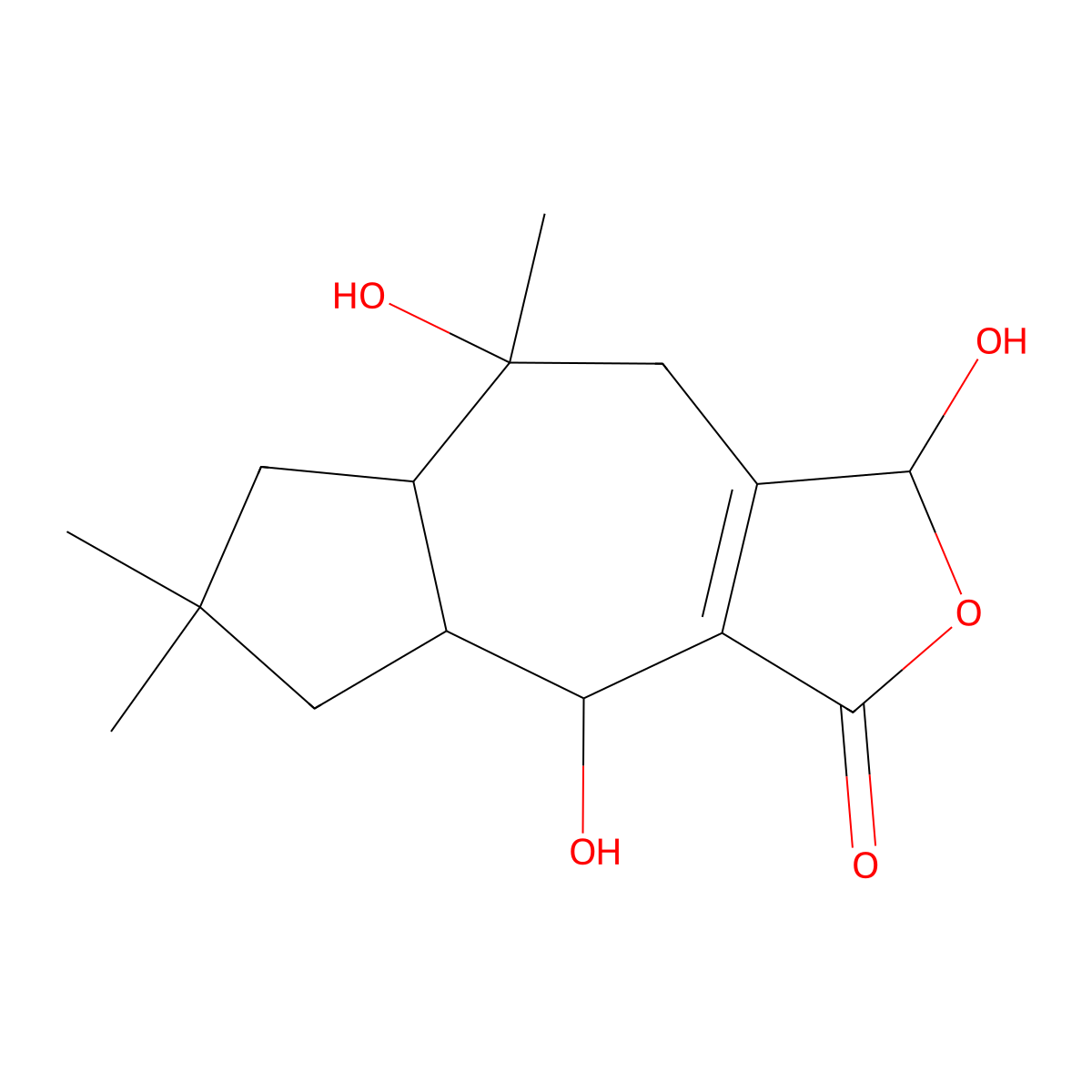 Azuleno[5,6-c]furan-3(1H)-one, 4,4a,5,6,7,7a,8,9-octahydro-1,4,8-trihydroxy-6,6,8-trimethyl- molecular structure, CAS 71305-97-0