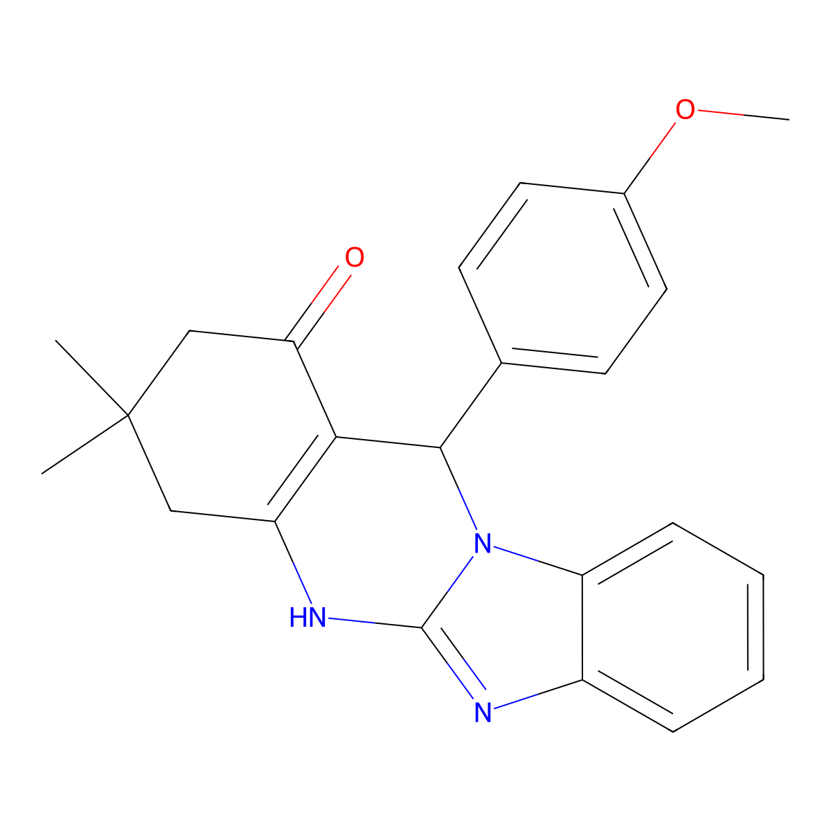 12-(4-methoxyphenyl)-3,3-dimethyl-3,4,5,12-tetrahydrobenzimidazo[2,1-b]quinazolin-1(2H)-one molecular structure, CAS 713080-04-7