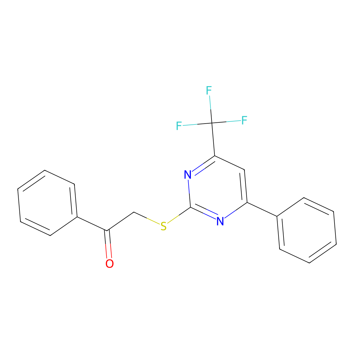 1-Phenyl-2-{[4-phenyl-6-(trifluoromethyl)pyrimidin-2-yl]sulfanyl}ethan-1-one molecular structure, CAS 713086-79-4