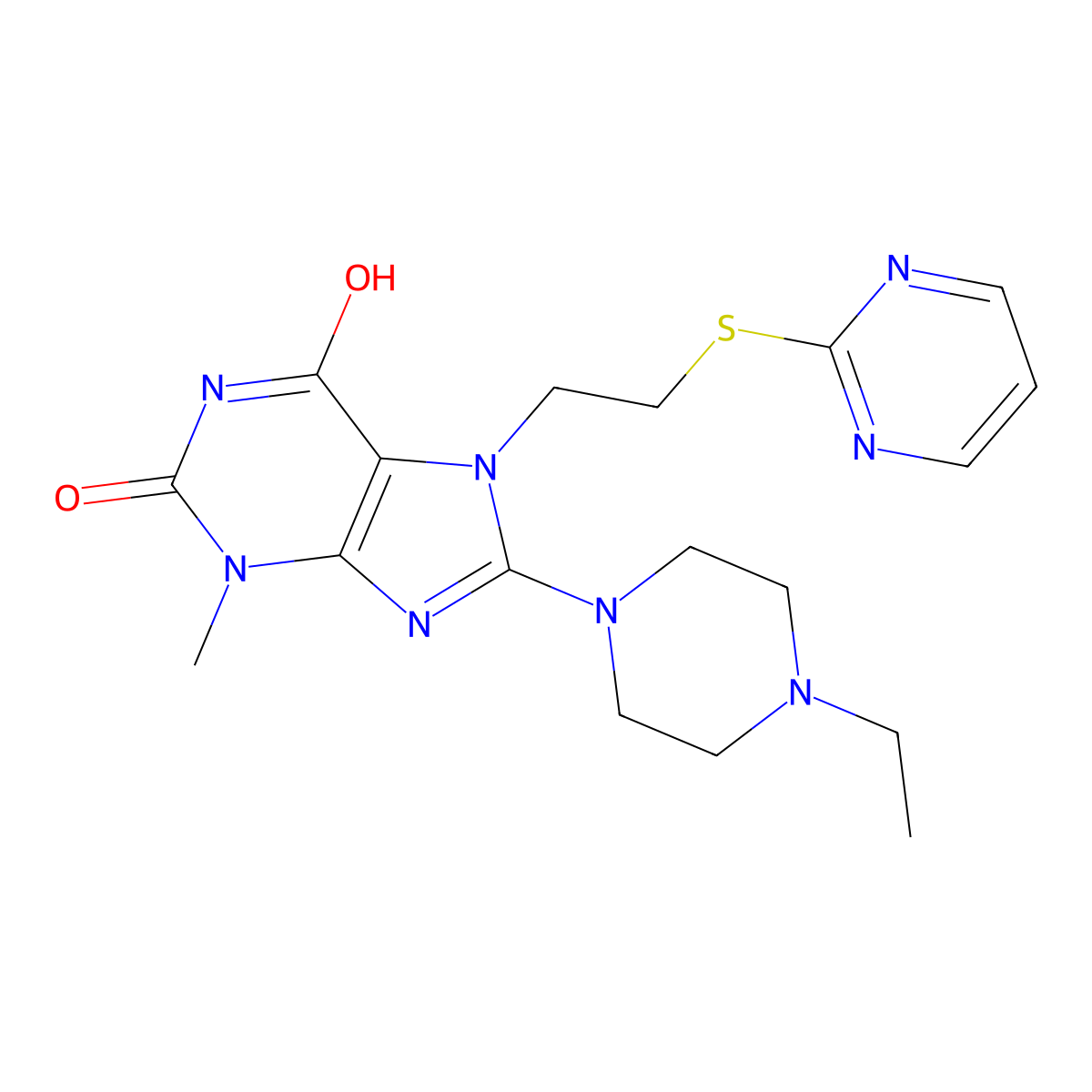 8-(4-ethylpiperazin-1-yl)-3-methyl-7-(2-(pyrimidin-2-ylthio)ethyl)-1H-purine-2,6(3H,7H)-dione molecular structure, CAS 713087-59-3
