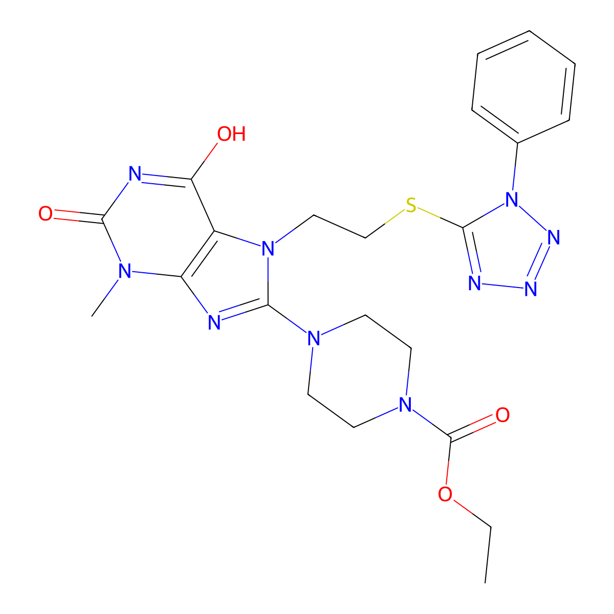 Ethyl 4-[3-methyl-2,6-dioxo-7-[2-(1-phenyltetrazol-5-yl)sulfanylethyl]purin-8-yl]piperazine-1-carboxylate molecular structure, CAS 713089-42-0