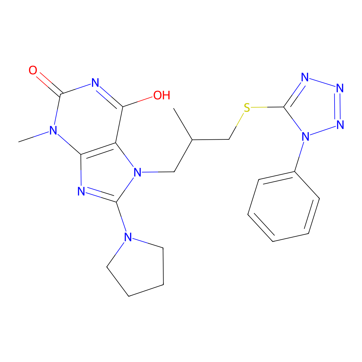 3-Methyl-7-[2-methyl-3-(1-phenyl-1H-tetrazol-5-ylsulfanyl)-propyl]-8-pyrrolidin-1-yl-3,7-dihydro-purine-2,6-dione molecular structure, CAS 713092-27-4