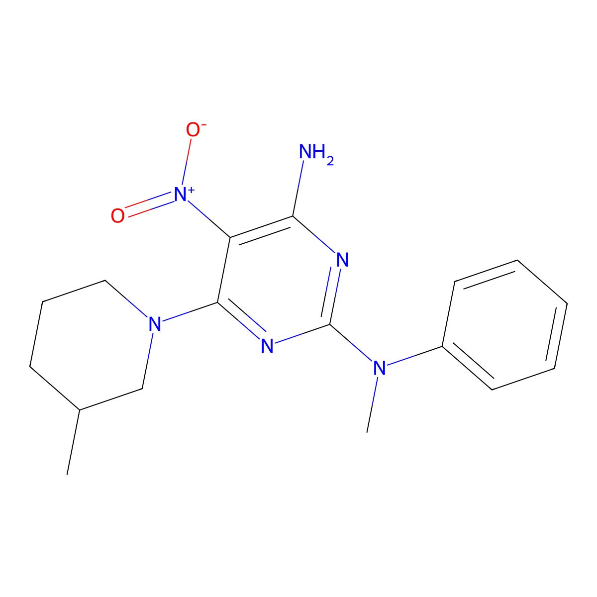 2-N-methyl-6-(3-methylpiperidin-1-yl)-5-nitro-2-N-phenylpyrimidine-2,4-diamine molecular structure, CAS 713092-42-3