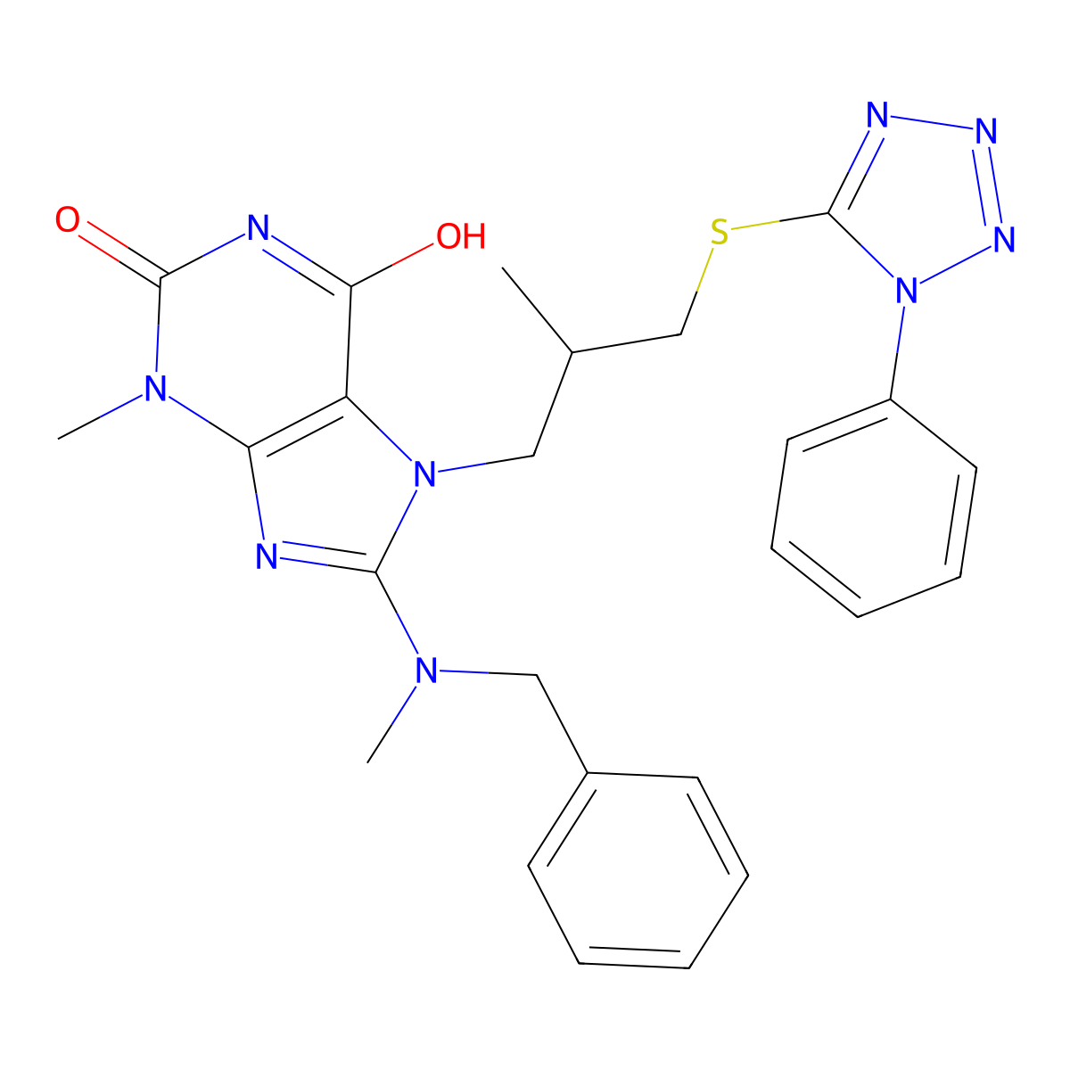 8-(benzyl(methyl)amino)-3-methyl-7-(2-methyl-3-((1-phenyl-1H-tetrazol-5-yl)thio)propyl)-1H-purine-2,6(3H,7H)-dione molecular structure, CAS 713094-06-5