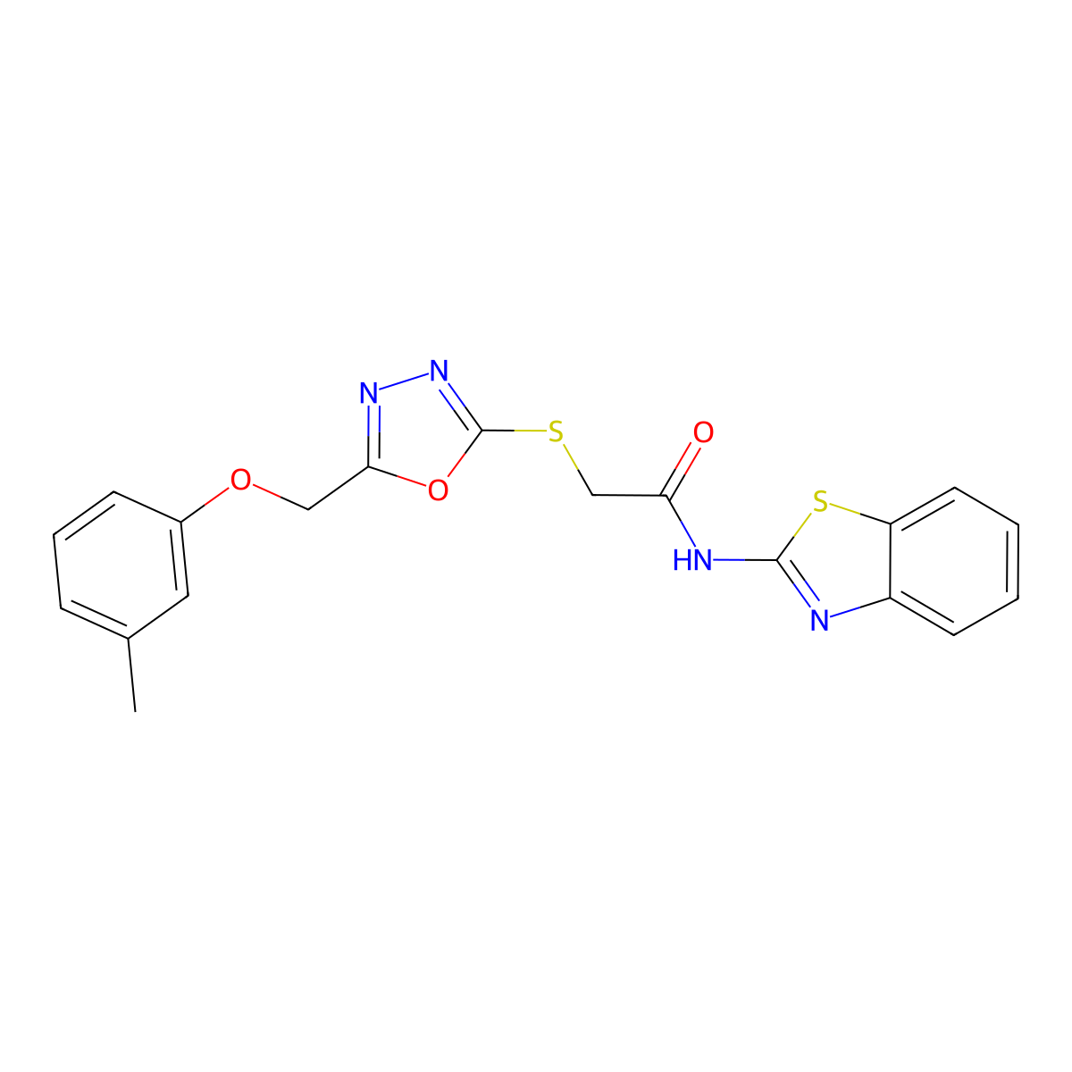 N-(1,3-benzothiazol-2-yl)-2-({5-[(3-methylphenoxy)methyl]-1,3,4-oxadiazol-2-yl}sulfanyl)acetamide molecular structure, CAS 713095-73-9