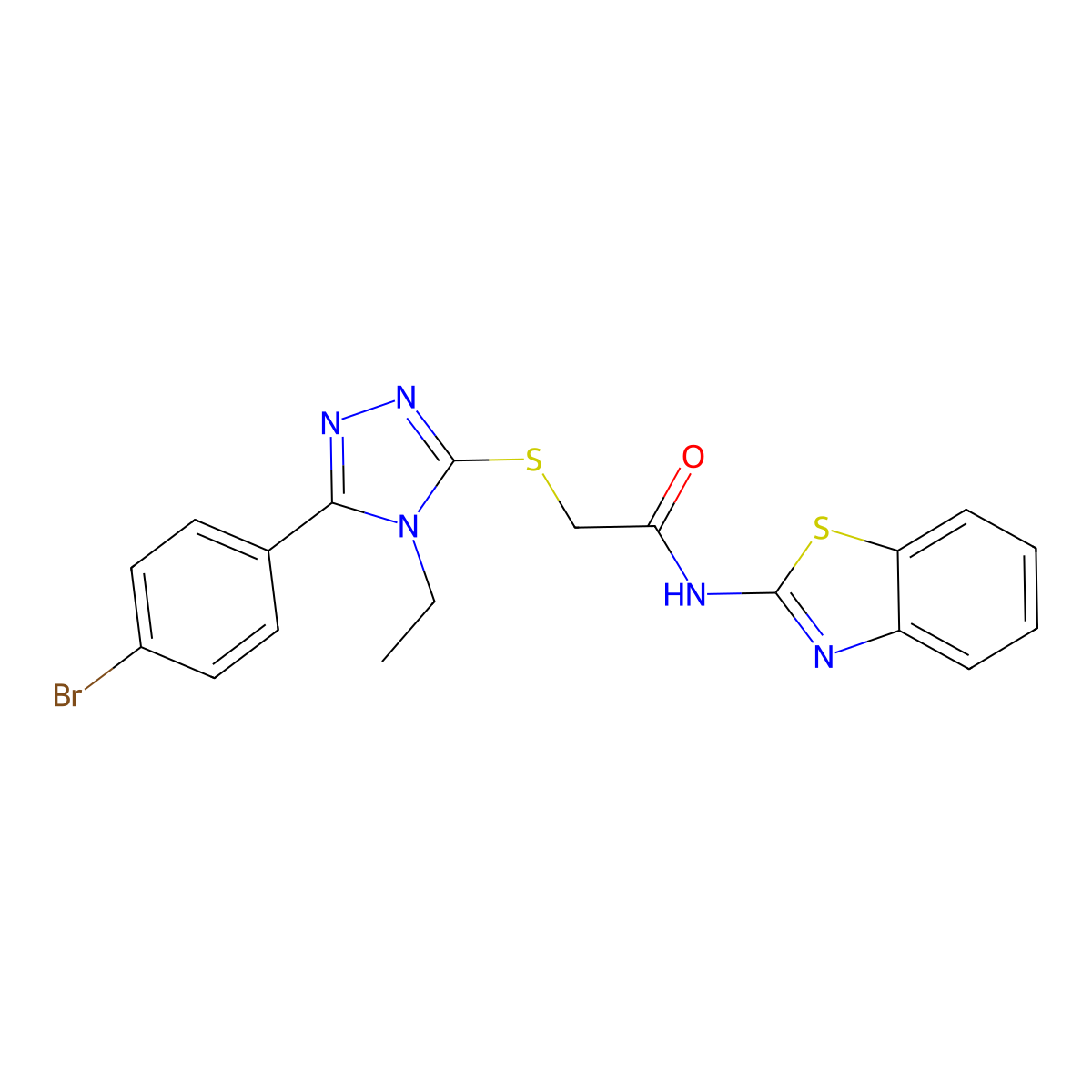 N-(1,3-benzothiazol-2-yl)-2-[[5-(4-bromophenyl)-4-ethyl-1,2,4-triazol-3-yl]sulfanyl]acetamide molecular structure, CAS 713095-85-3