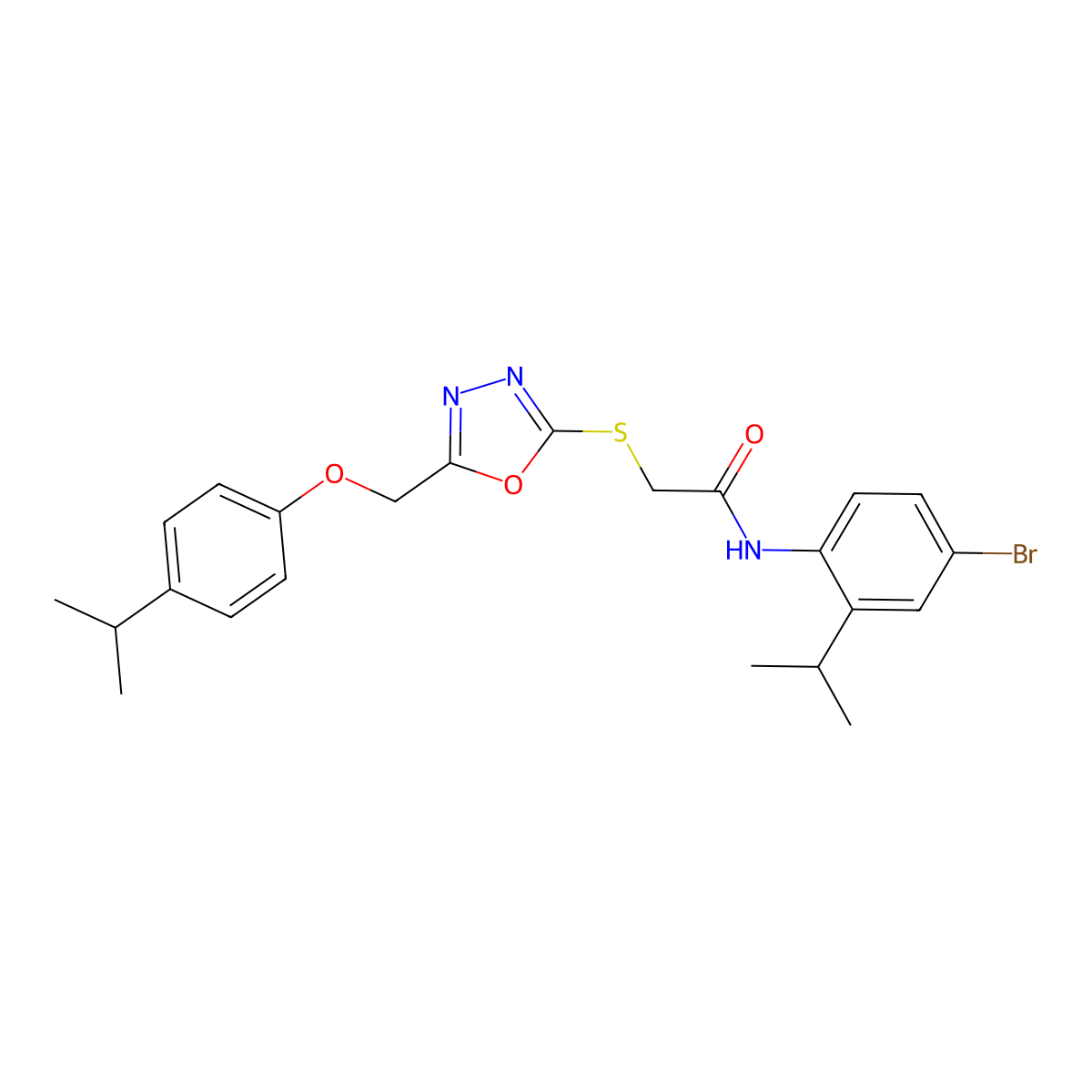 N-(4-bromo-2-propan-2-ylphenyl)-2-[[5-[(4-propan-2-ylphenoxy)methyl]-1,3,4-oxadiazol-2-yl]sulfanyl]acetamide molecular structure, CAS 713095-88-6