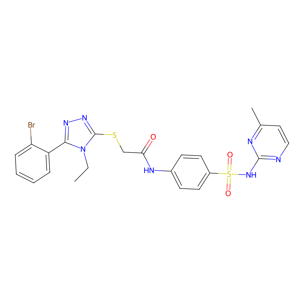 2-[[5-(2-bromophenyl)-4-ethyl-1,2,4-triazol-3-yl]sulfanyl]-N-[4-[(4-methylpyrimidin-2-yl)sulfamoyl]phenyl]acetamide molecular structure, CAS 713095-96-6