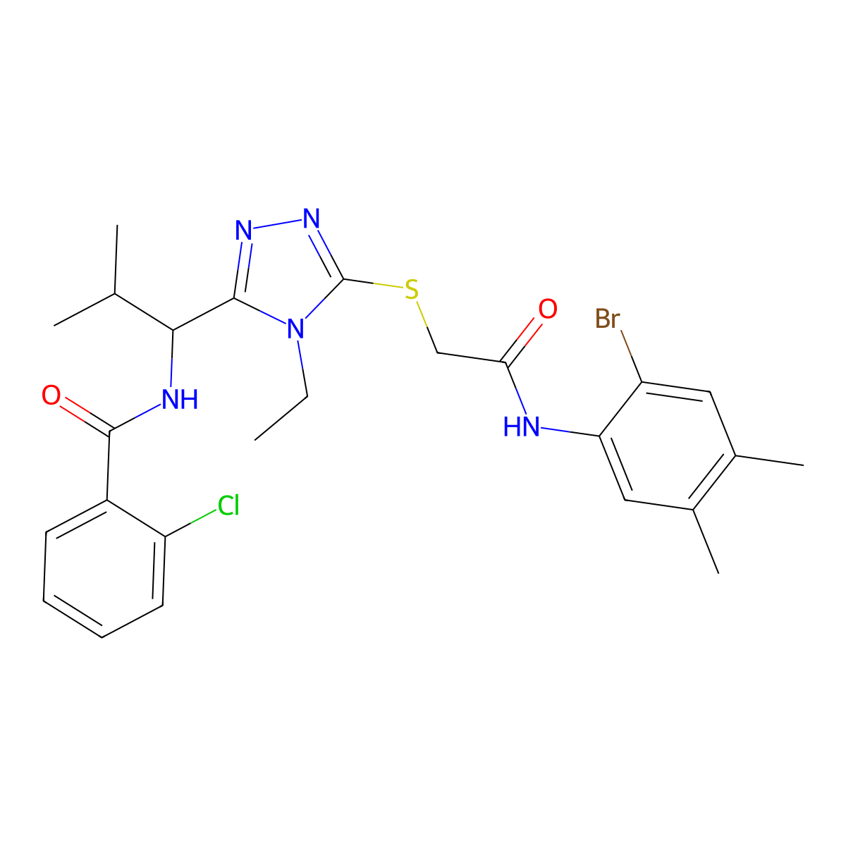 N-[1-[5-[2-(2-bromo-4,5-dimethylanilino)-2-oxoethyl]sulfanyl-4-ethyl-1,2,4-triazol-3-yl]-2-methylpropyl]-2-chlorobenzamide molecular structure, CAS 713096-13-0