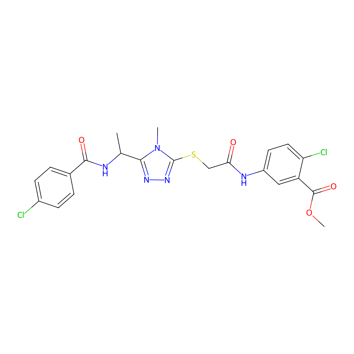 methyl 2-chloro-5-[({[5-(1-{[(4-chlorophenyl)carbonyl]amino}ethyl)-4-methyl-4H-1,2,4-triazol-3-yl]sulfanyl}acetyl)amino]benzoate molecular structure, CAS 713096-41-4