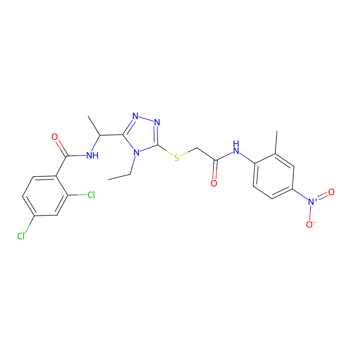 2,4-dichloro-N-[1-[4-ethyl-5-[2-(2-methyl-4-nitroanilino)-2-oxoethyl]sulfanyl-1,2,4-triazol-3-yl]ethyl]benzamide molecular structure, CAS 713096-45-8