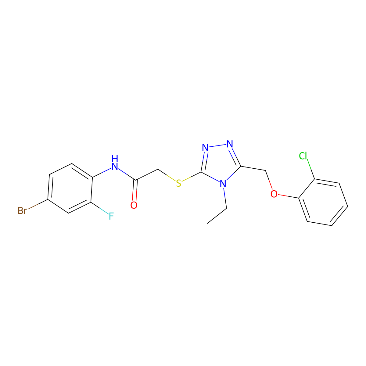N-(4-bromo-2-fluorophenyl)-2-[[5-[(2-chlorophenoxy)methyl]-4-ethyl-1,2,4-triazol-3-yl]sulfanyl]acetamide molecular structure, CAS 713096-47-0