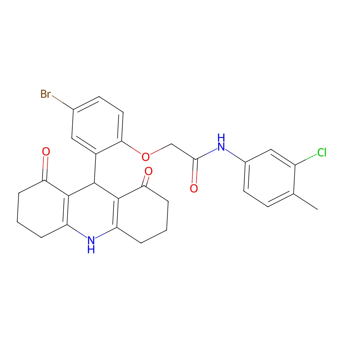 2-[4-bromo-2-(1,8-dioxo-2,3,4,5,6,7,9,10-octahydroacridin-9-yl)phenoxy]-N-(3-chloro-4-methylphenyl)acetamide molecular structure, CAS 713096-48-1