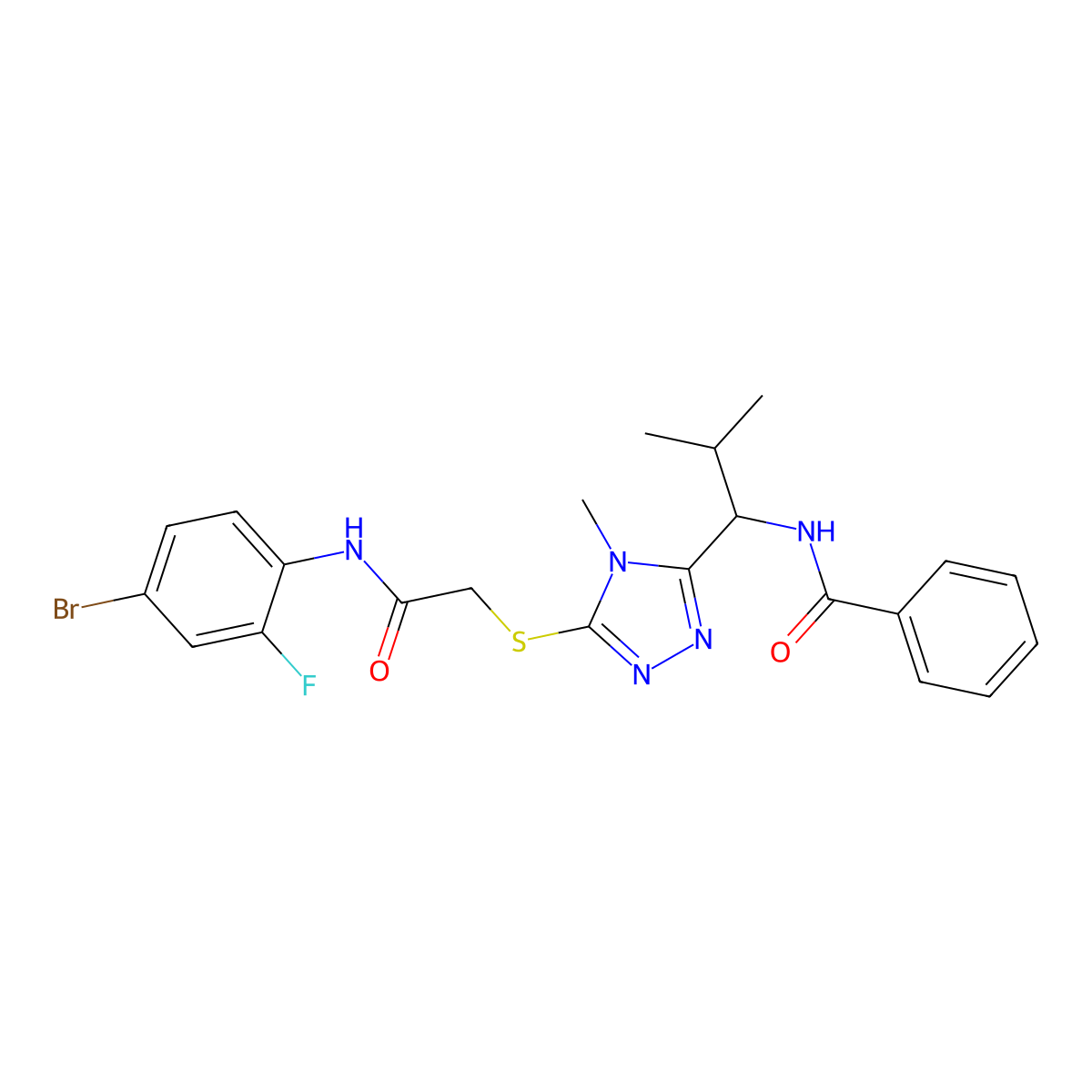 N-[1-[5-[2-(4-bromo-2-fluoroanilino)-2-oxoethyl]sulfanyl-4-methyl-1,2,4-triazol-3-yl]-2-methylpropyl]benzamide molecular structure, CAS 713096-95-8