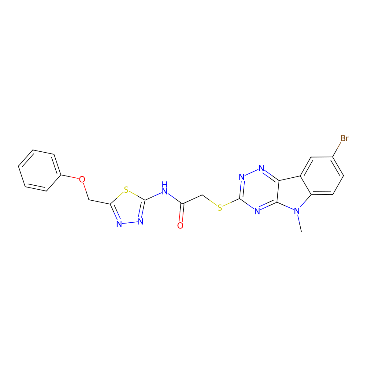 2-[(8-bromo-5-methyl-[1,2,4]triazino[5,6-b]indol-3-yl)sulfanyl]-N-[5-(phenoxymethyl)-1,3,4-thiadiazol-2-yl]acetamide molecular structure, CAS 713097-01-9